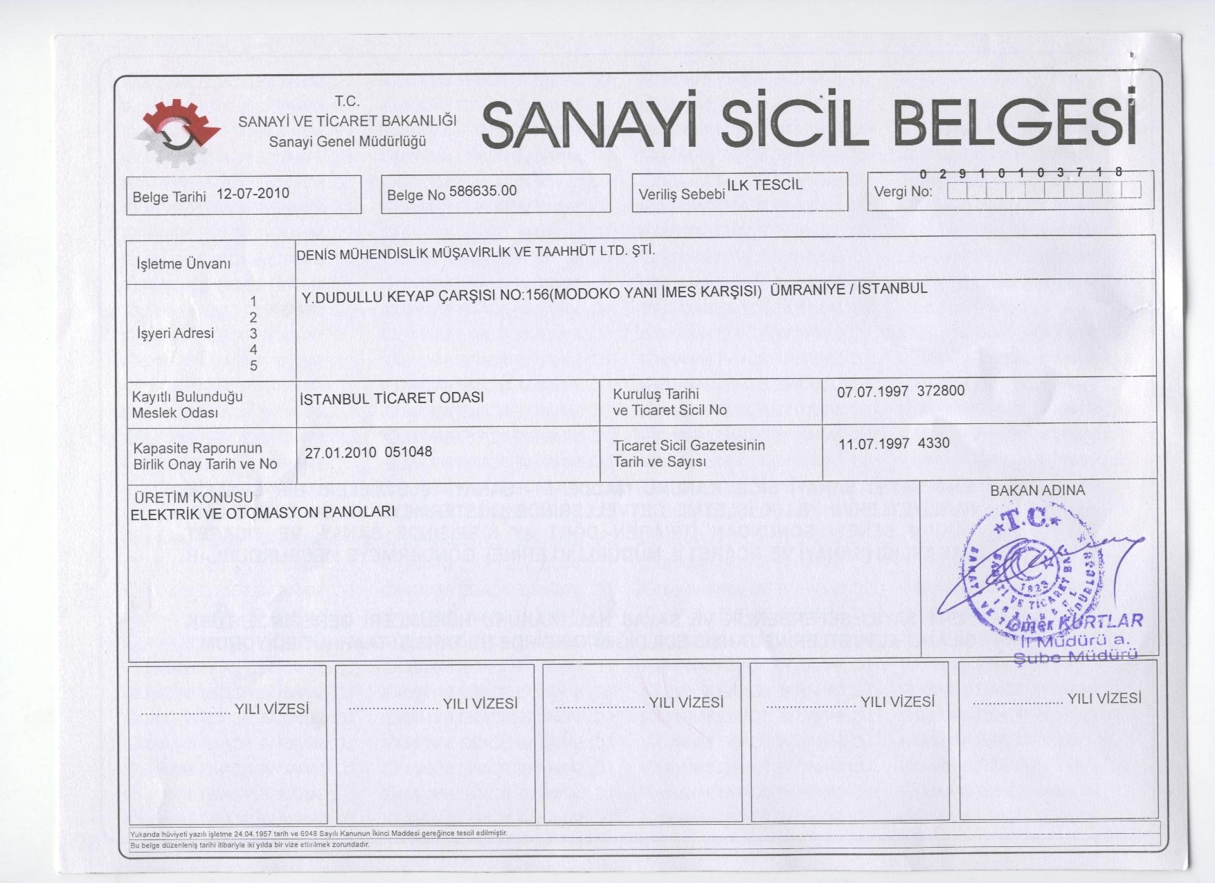 Denis Sanayi Sicil Belgesi